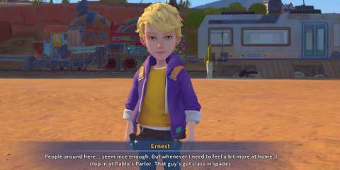 Ernest standing in front of a train in My Time at Sandrock