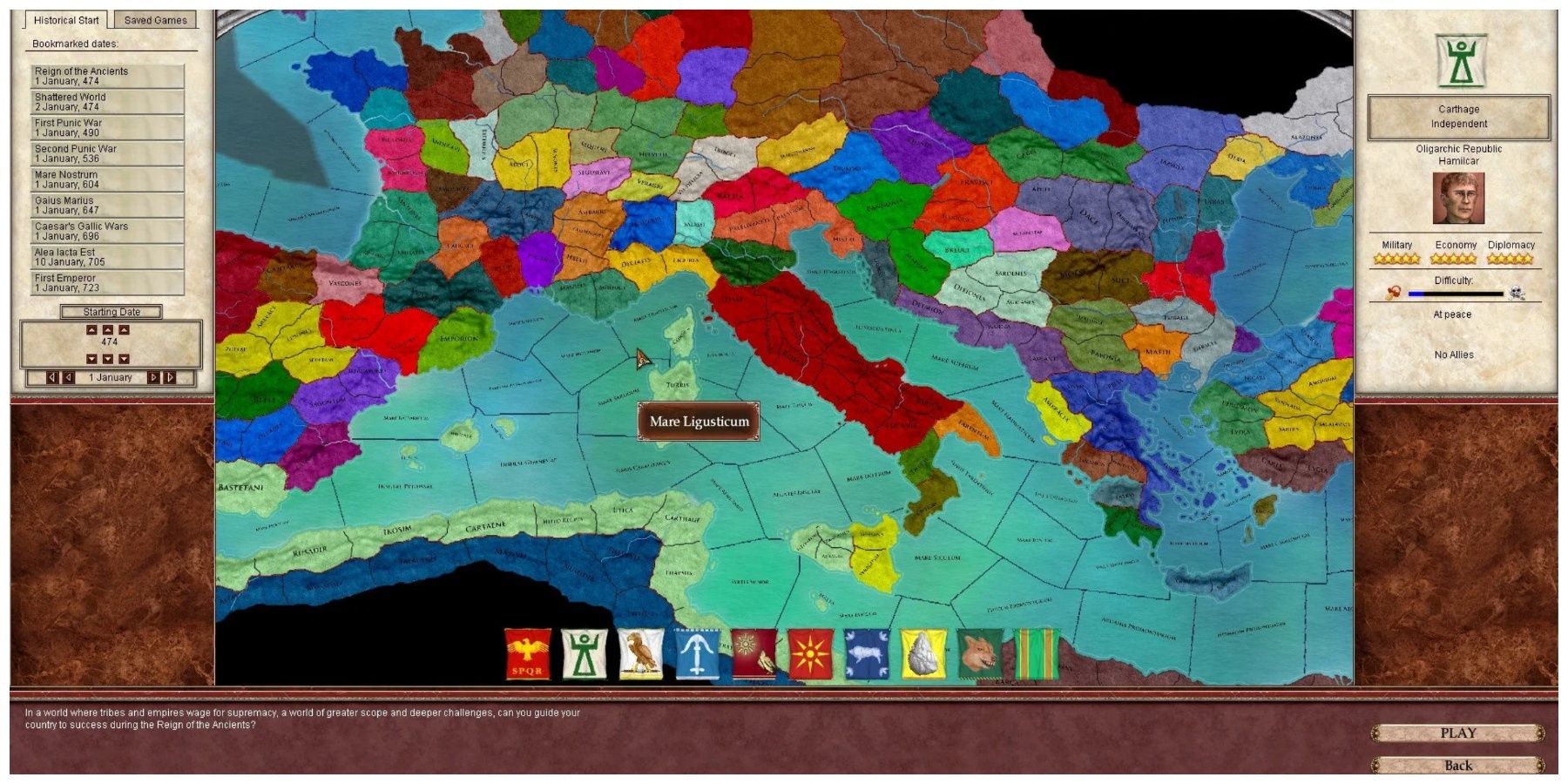 The map screen showing Italy in Europa Universalis Rome