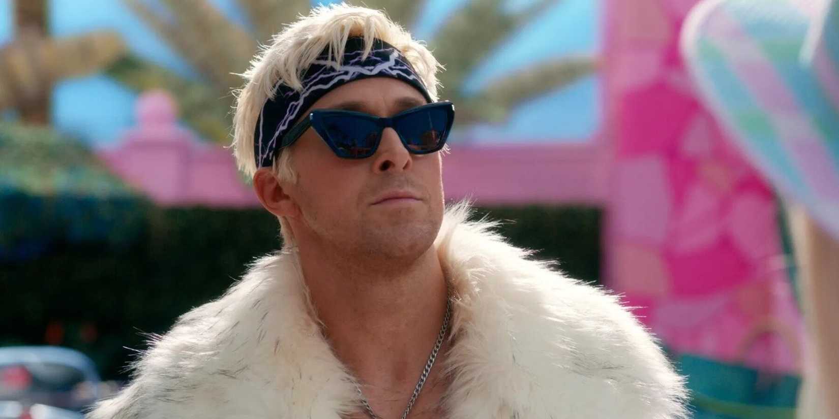 Ken is wearing sunglasses and a fur coat as he talks to Barbie