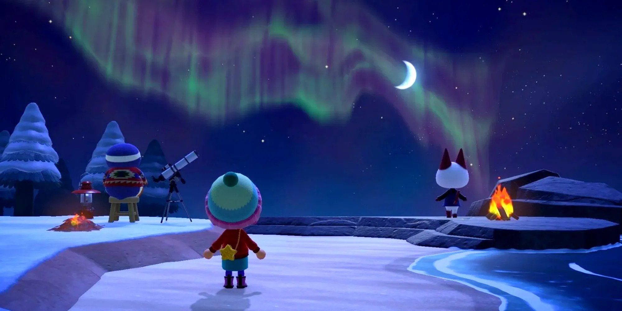 An aurora borealis in Animal Crossing: New Horizons