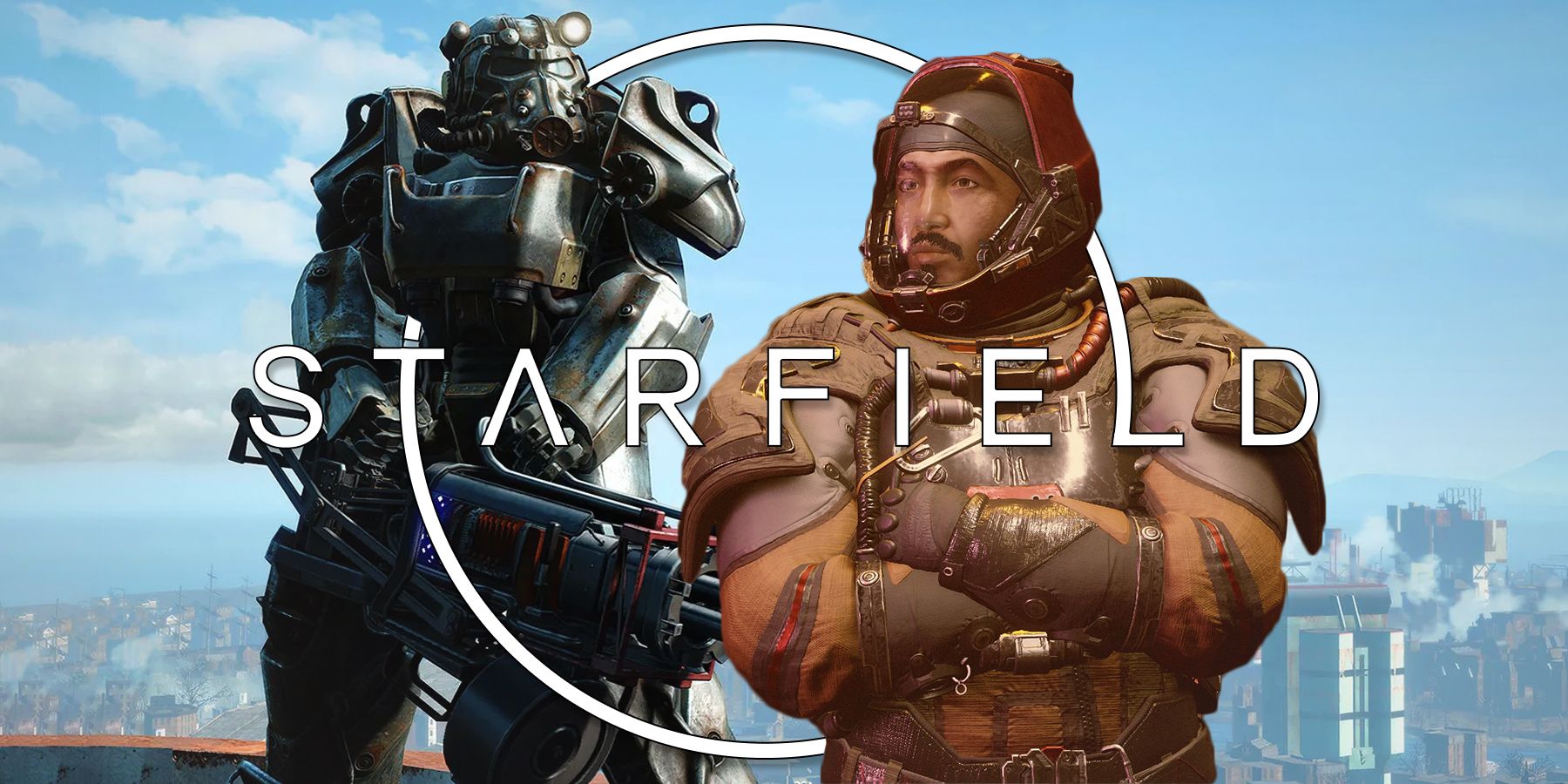 Fallout 4 Power Armor character next to Starfield Neon Bounty Hunter composite with Starfield logo