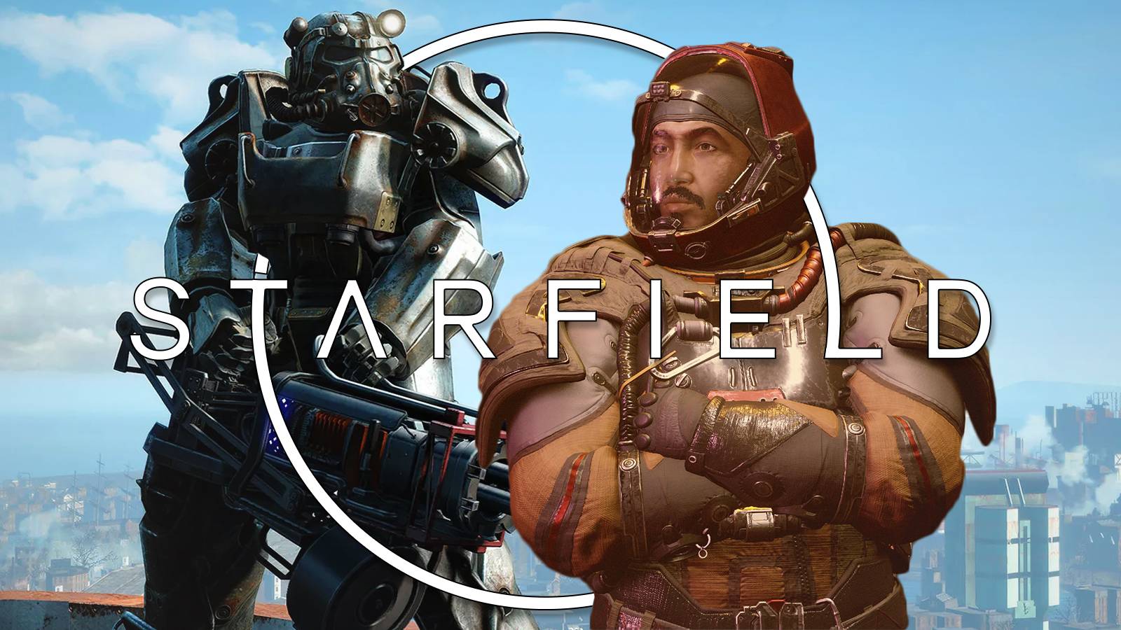 Fallout 4 Power Armor character next to Starfield Neon Bounty Hunter composite with Starfield logo