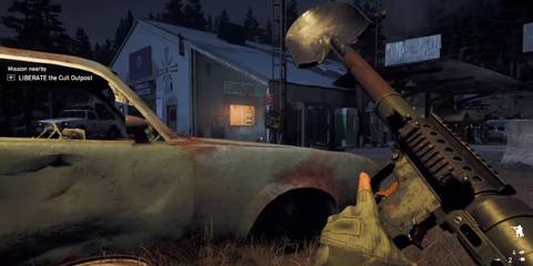 Far Cry 5 Shovel Launcher hiding behind car 