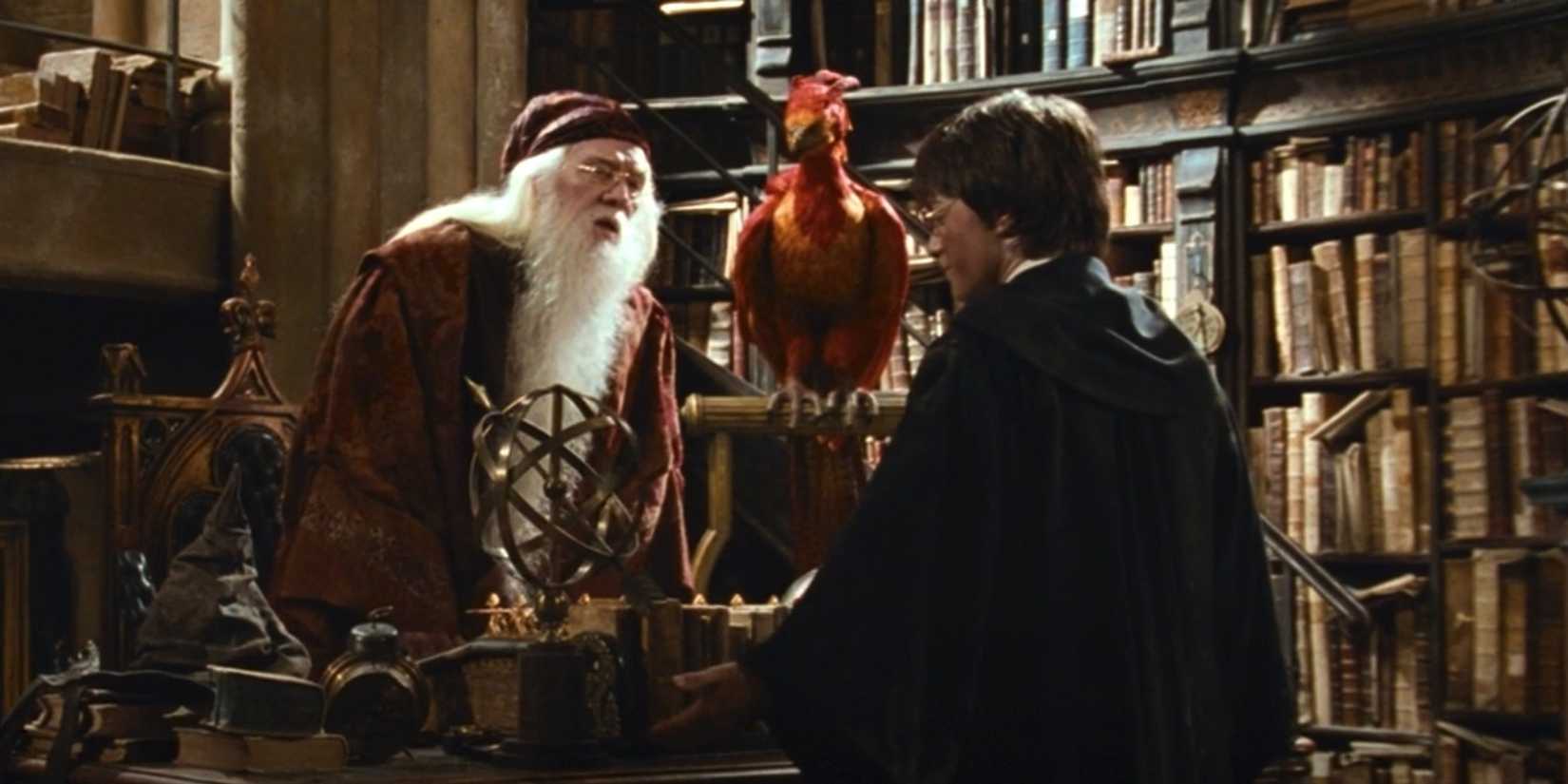 Fawkes with Dumbledore and Harry Potter