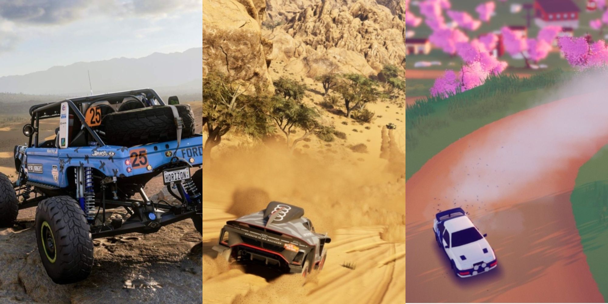 TriSplit of a car from Forza Horizon 5, a car driving down a sand dune from Dakar Desert Rally and a car drifting around a corner from Art Of Rally