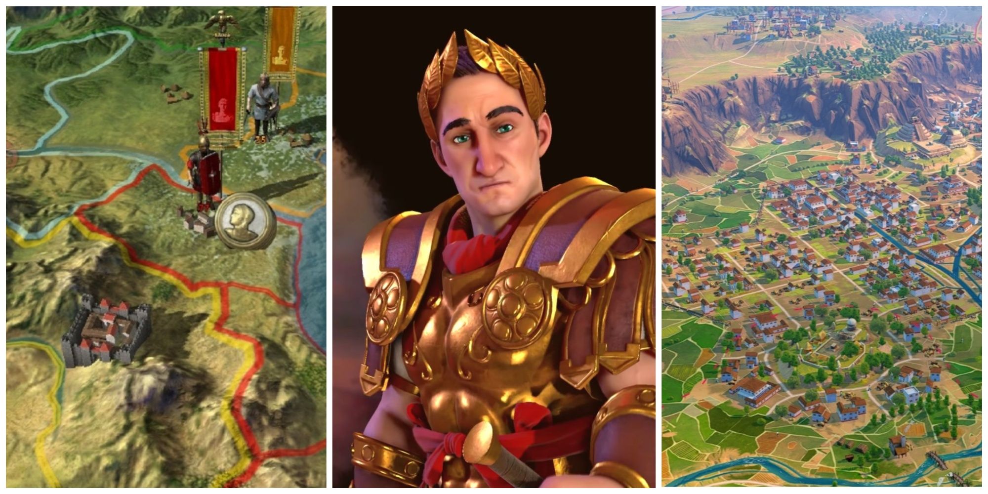 A tri-split of the map in Field of Glory Empires, Julius Caesar in Civilization 6 and a city in Humankind