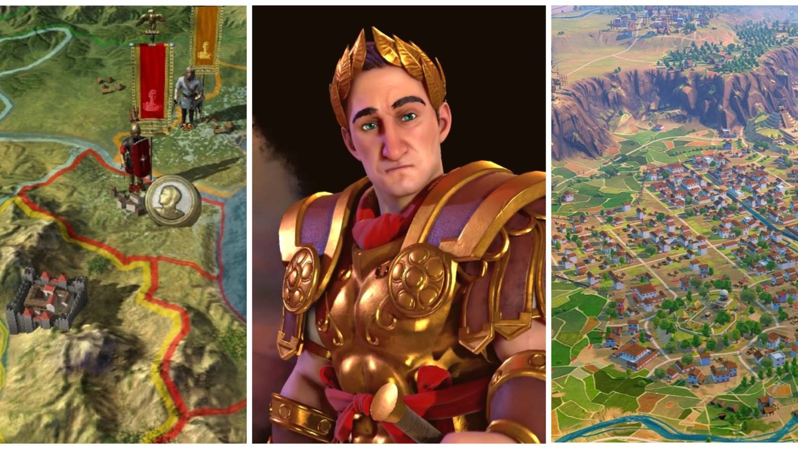 A tri-split of the map in Field of Glory Empires, Julius Caesar in Civilization 6 and a city in Humankind