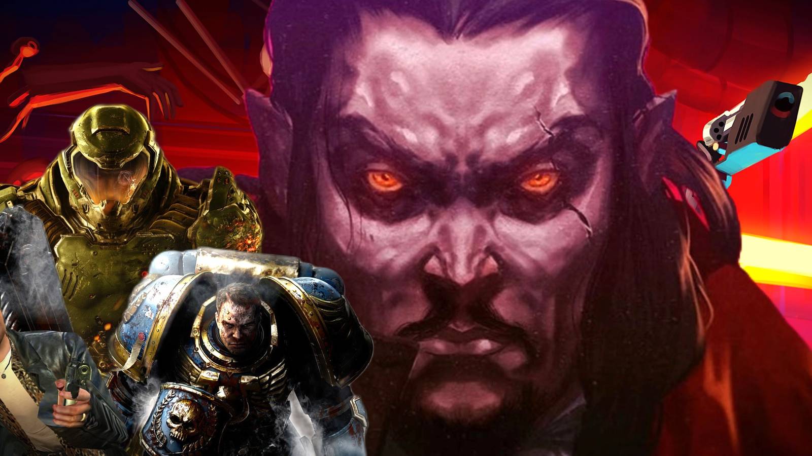 Games That Make You Feel Invincible (Featured Image) - DOOM + Max Payne + Space Marine + Vampire Survivors + ULTRAKILL