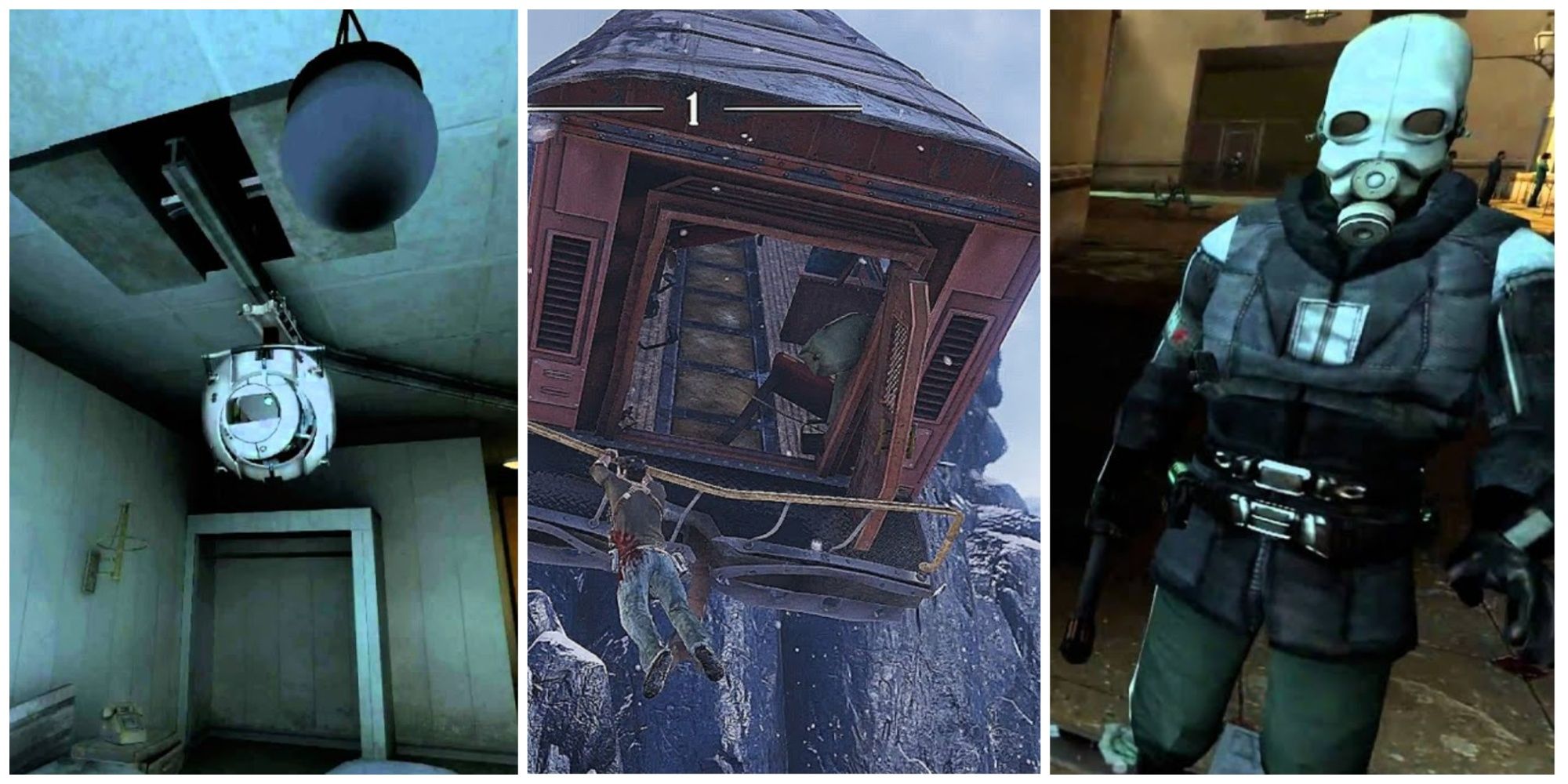 Tri-split of Wheatley from Portal 2, Nathan Drake hanging from a train in Uncharted 2, and a guard from Half-Life 2