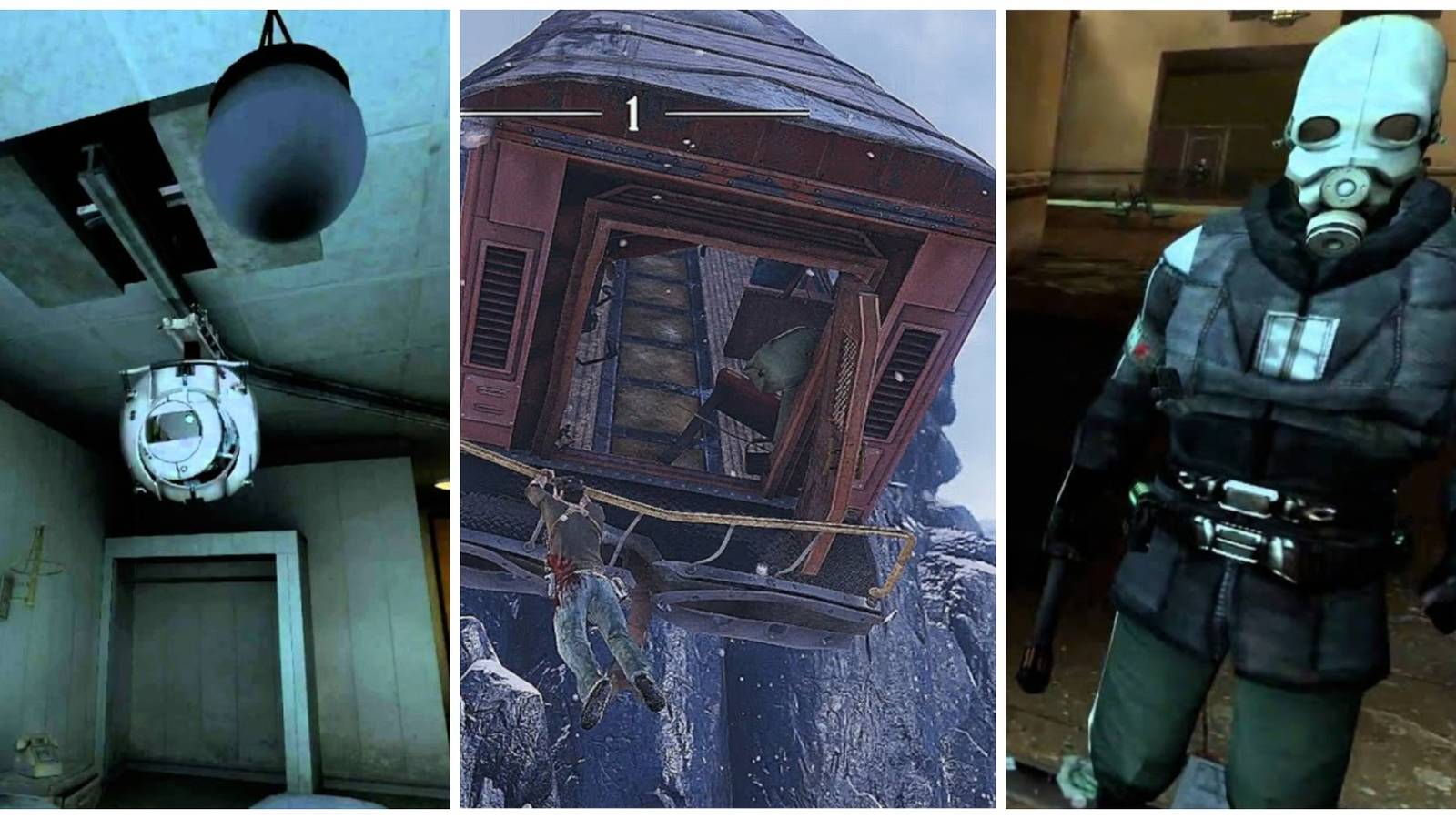 Tri-split of Wheatley from Portal 2, Nathan Drake hanging from a train in Uncharted 2, and a guard from Half-Life 2