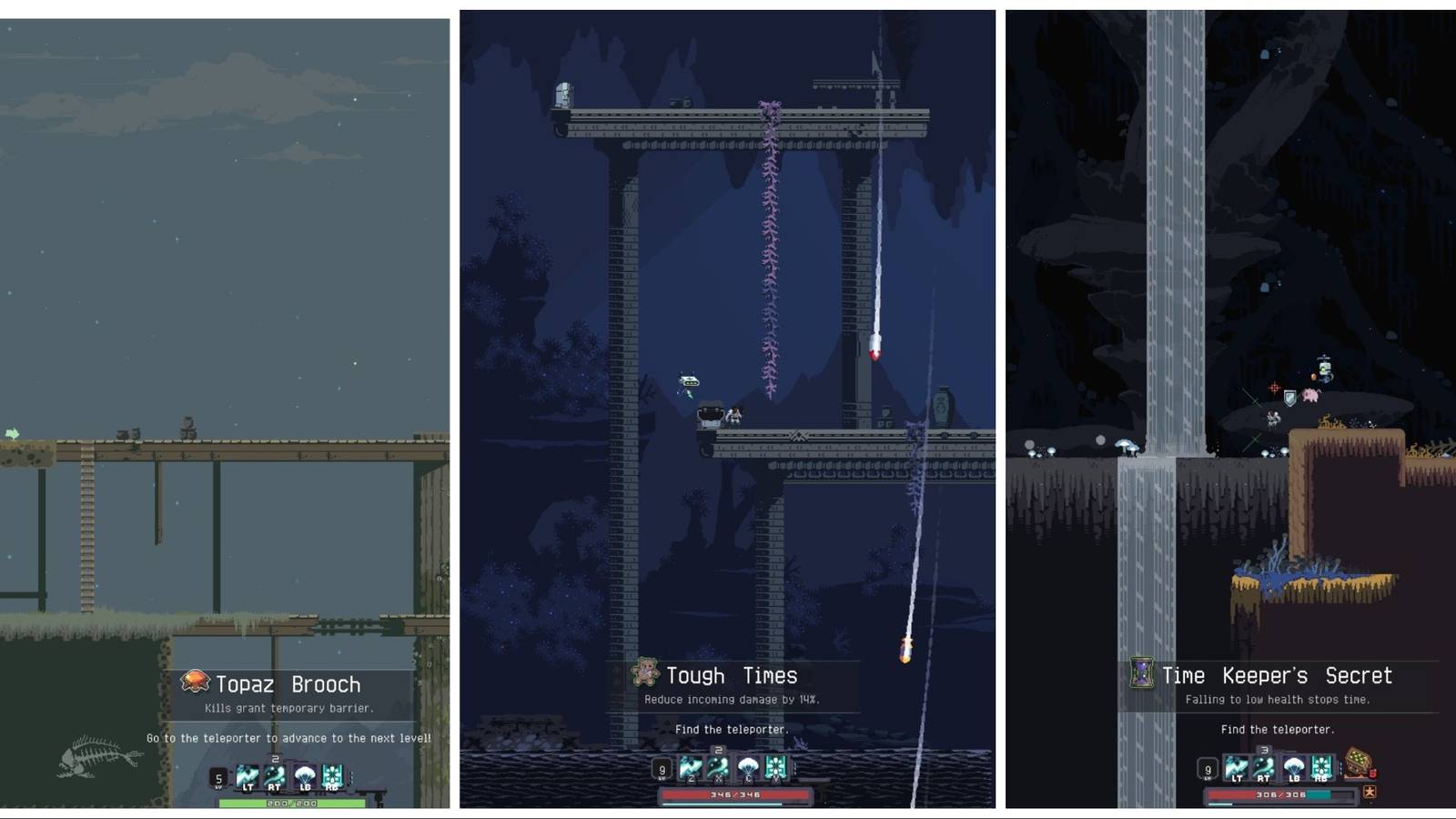 Survivor acquiring Topaz Brooch, Tough Times, and Time Keeper's Secret items