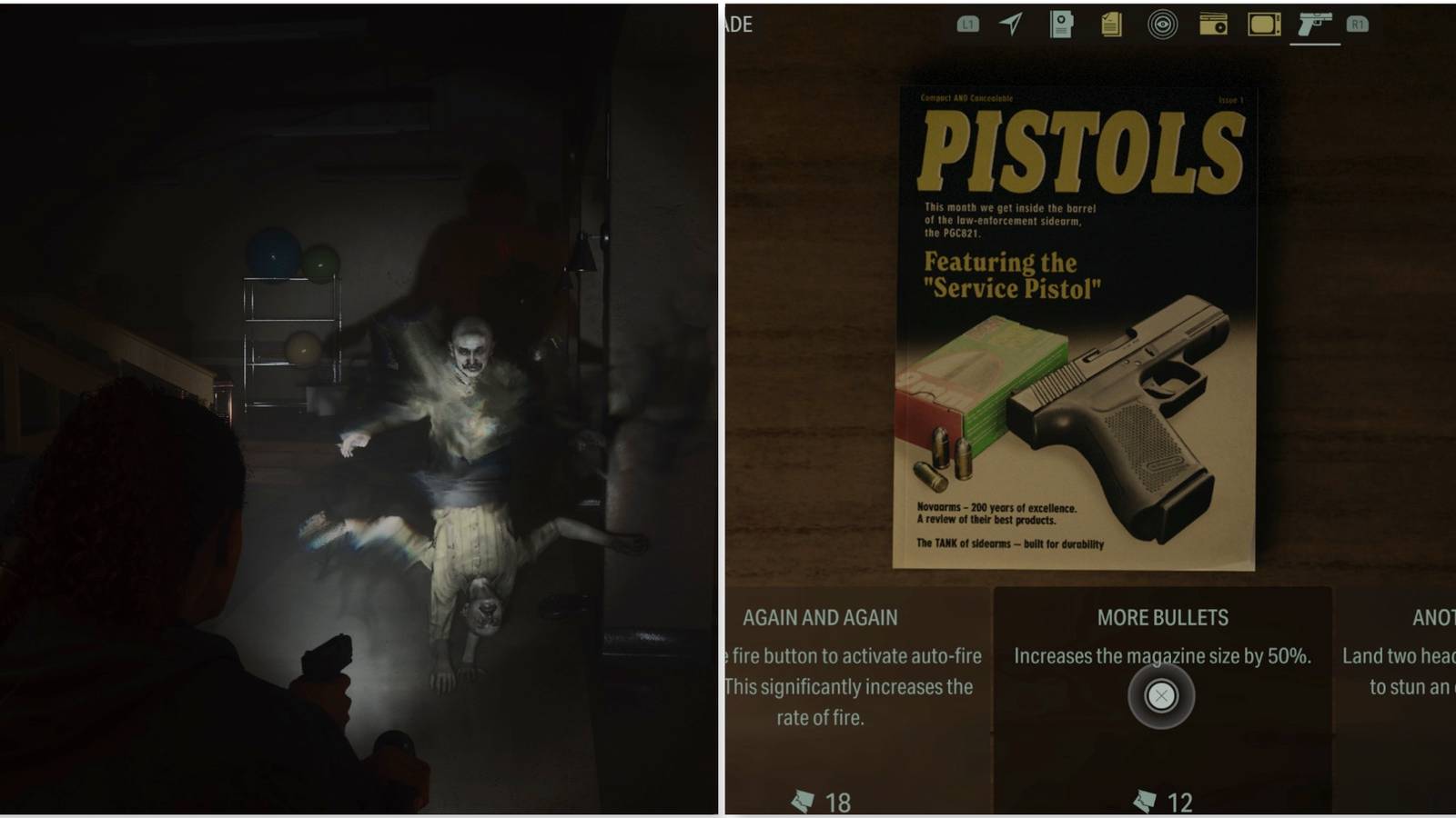 Fighting enemies and More Bullets gun upgrade in Alan Wake 2