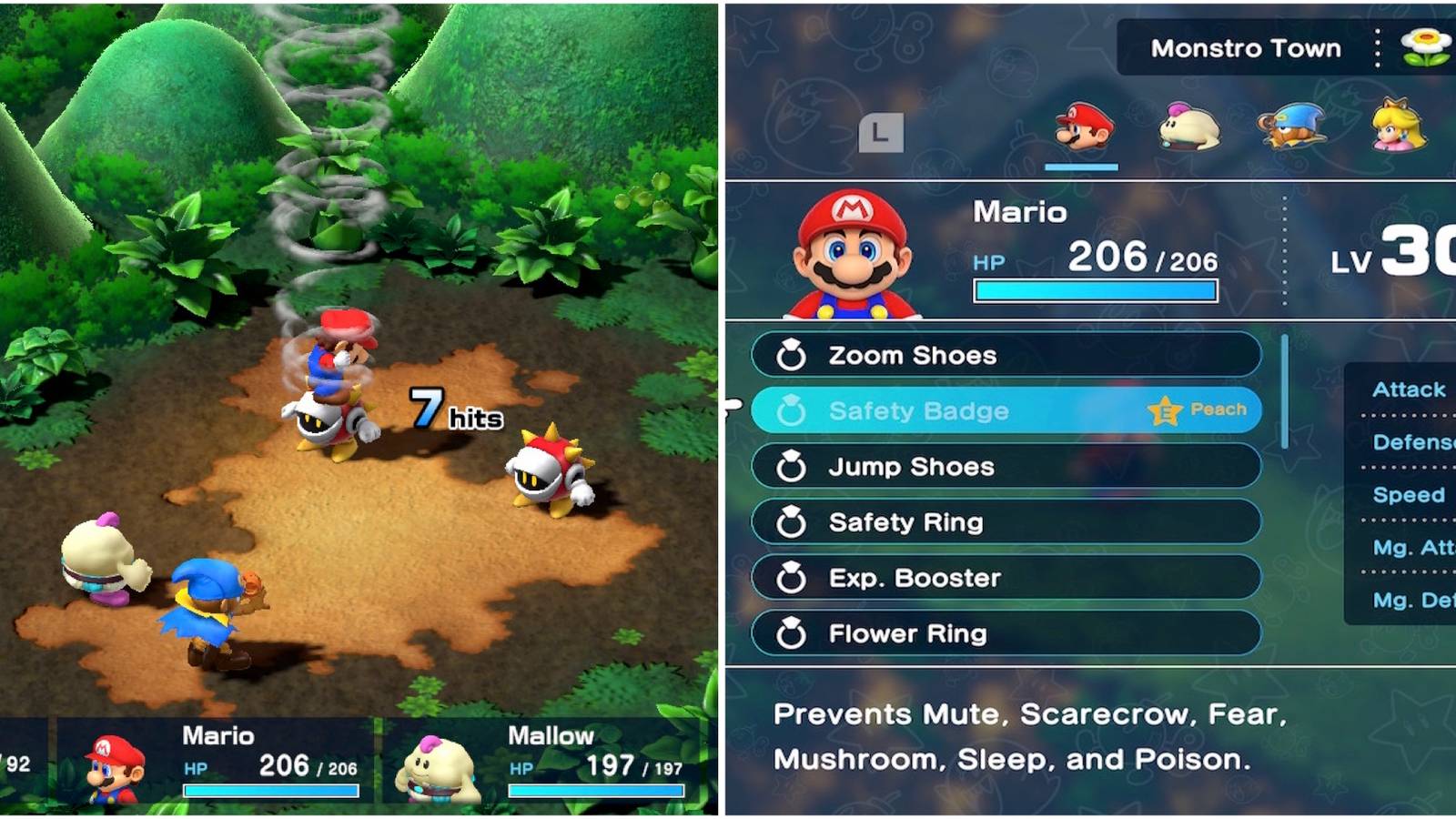Fighting enemies and Safety Badge accessory in Super Mario RPG