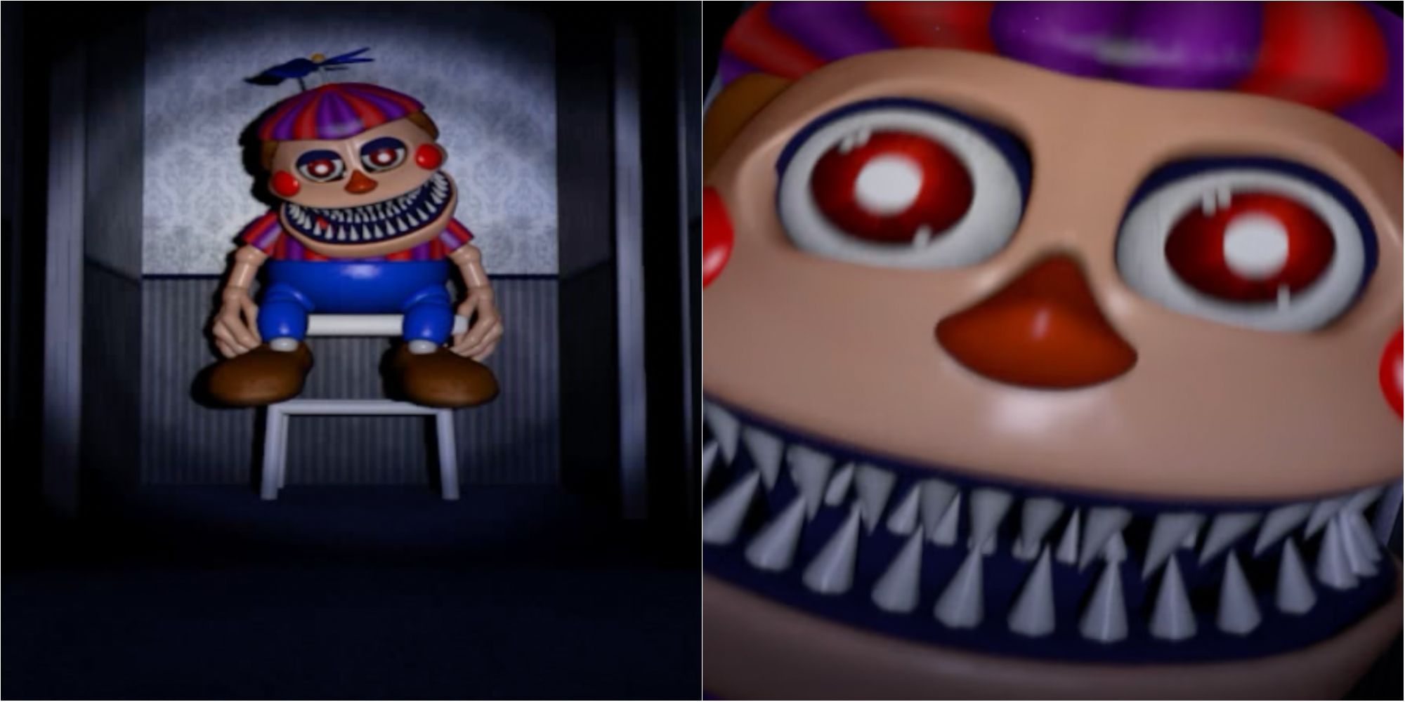 Five Nights At Freddy's Security Breach: Nightmare Balloon Boy sitting limply at the end of a hallway, beside a close up of him with red eyes and dozens of teeth