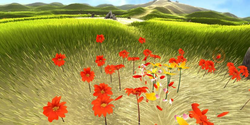 a flower petal causing other flowers to bloom on a field