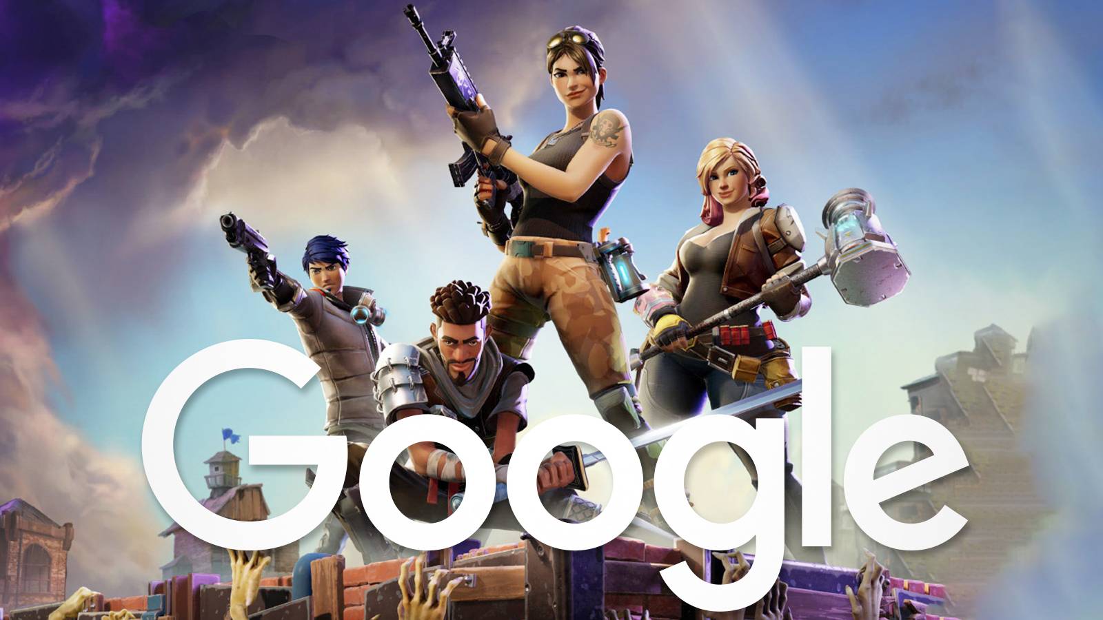 Fortnite character promo with white Google logo