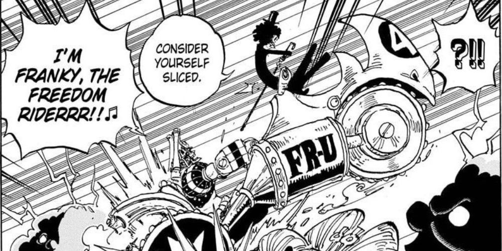 Franky and Brook running over Big Mom in Wano