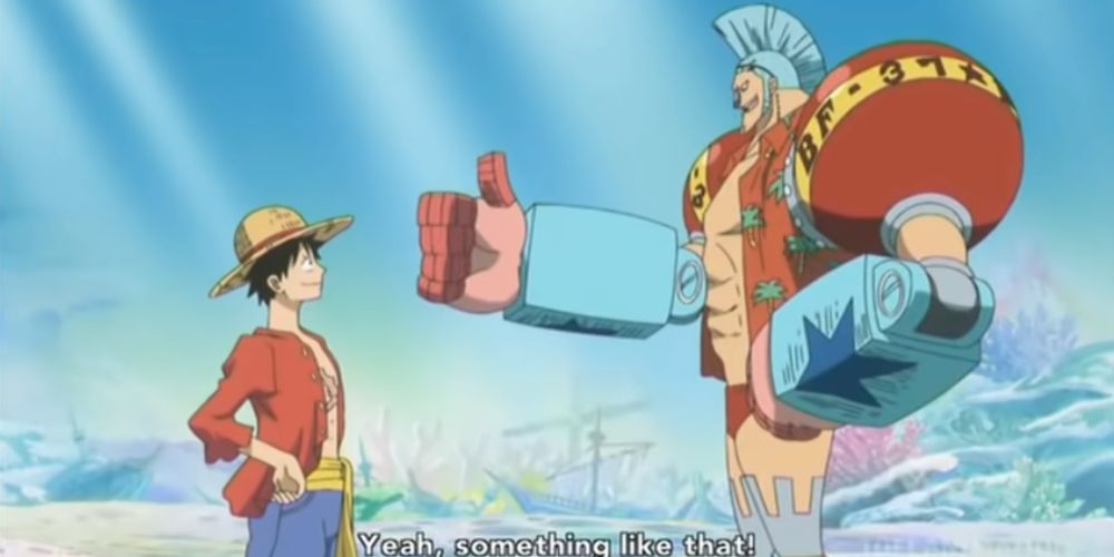 Franky tries (And fails) to explain something to Monkey D. Luffy