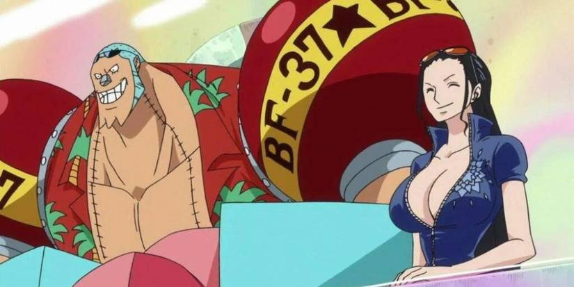 Franky and Nico Robin standing next to each other while smiling