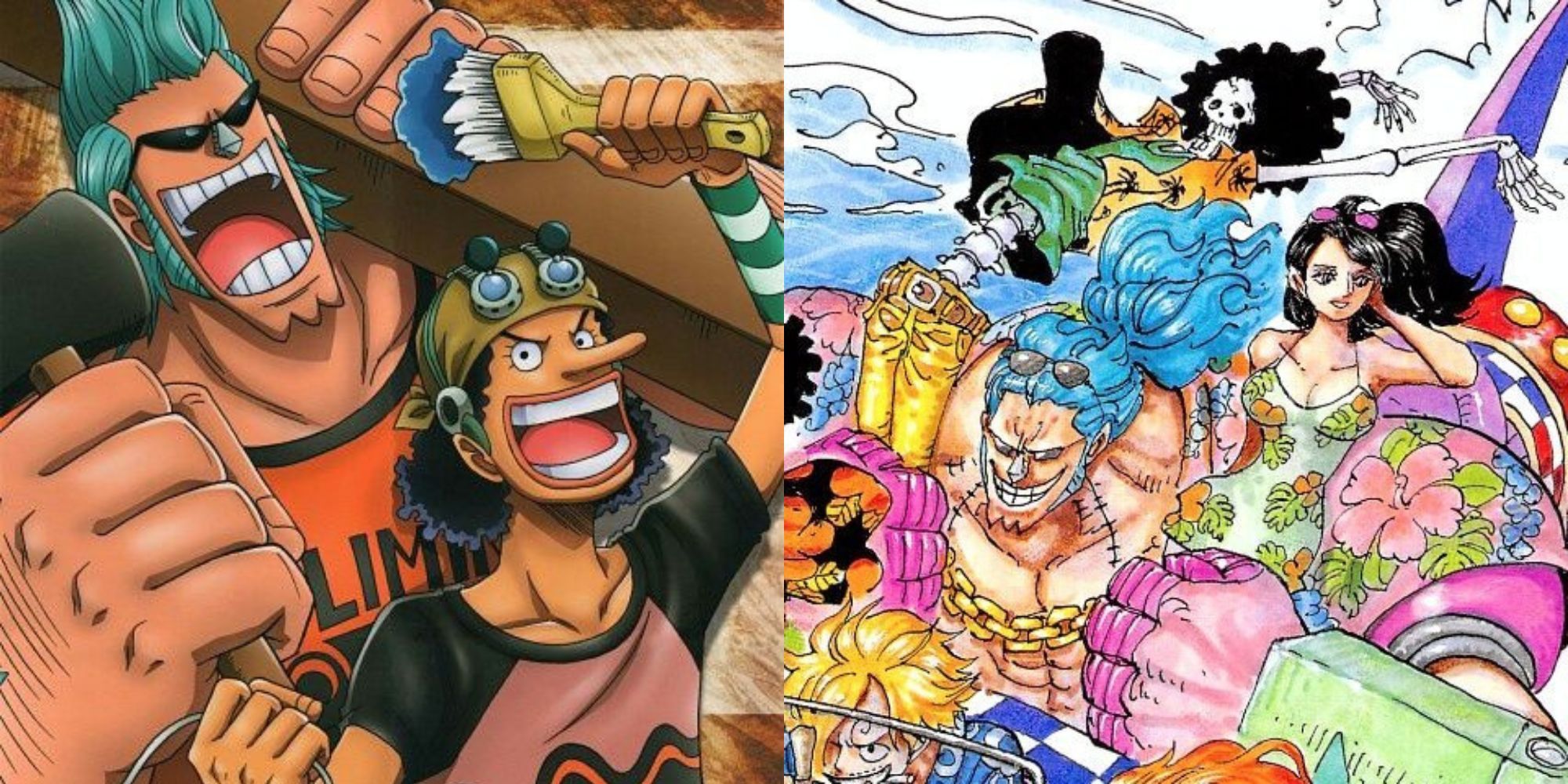 A collage featuring some of Franky's best friends in One Piece