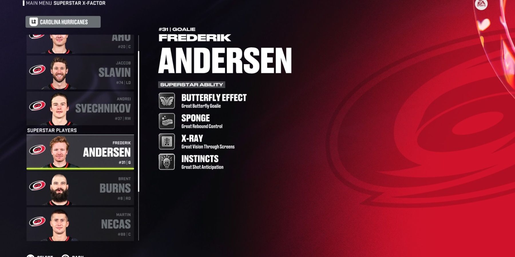 Una pantalla que muestra las habilidades de superestrella de Ferderik Andersen en NHL 24