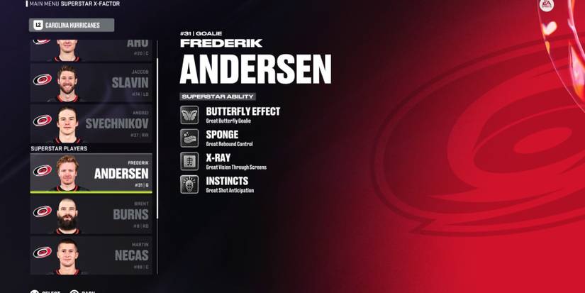 A screen showing the superstar abilities of Ferderik Andersen in NHL 24