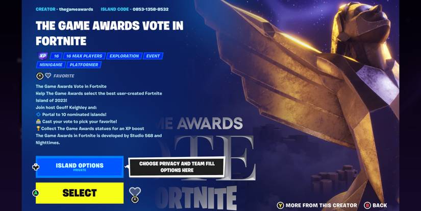 entering the island code to find the game awards island