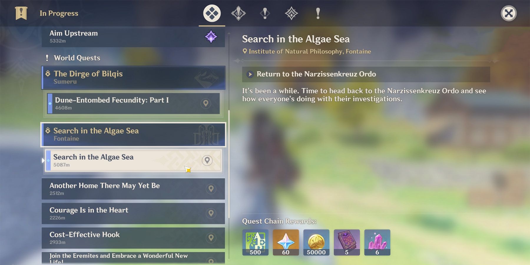 genshin impact search in the algae sea quest rewards