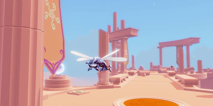 One of Glyph's insect forms flying across ancient desert ruins.