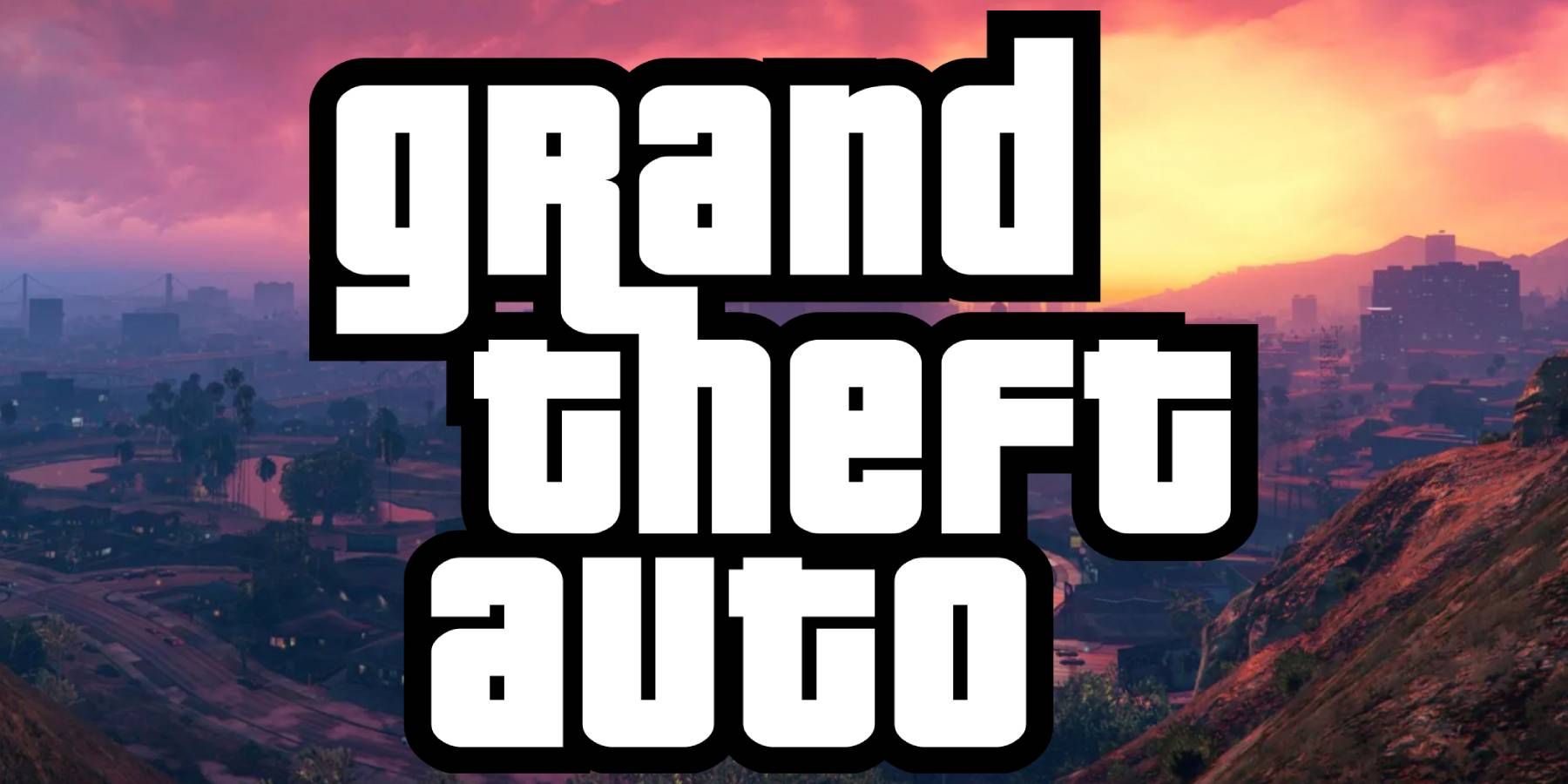 Grand Theft Auto logo over a Los Santos sunset
