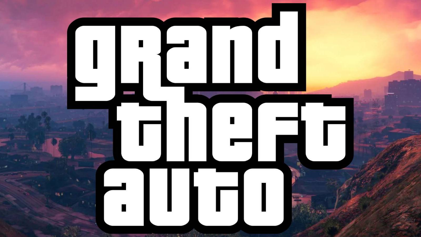Grand Theft Auto logo over a Los Santos sunset