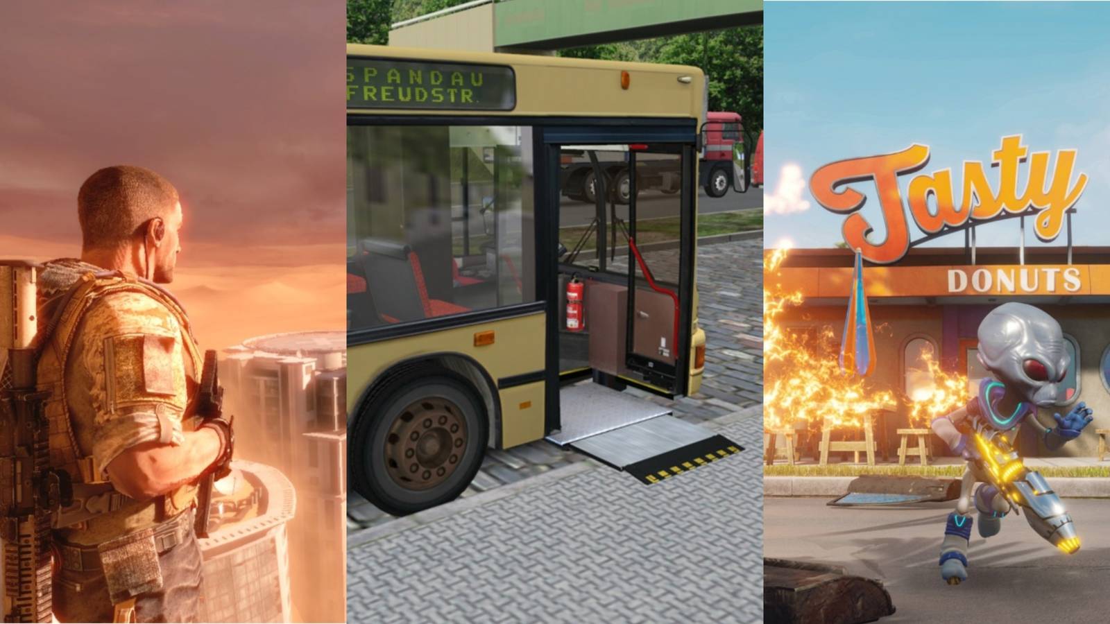 A trisplit of a soldier looking out at a city, a yellow bus and an alien standing in front of a 50s donut shop