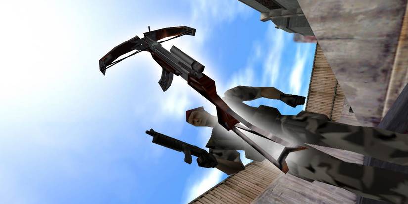 Enemy guard standing over the dead player outside - Glowing Crossbow