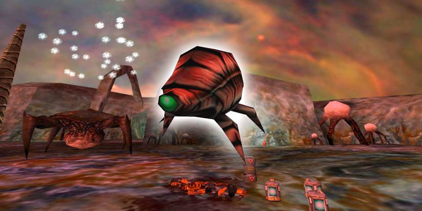 Planet Xen surrounded by aliens and a dead person in a HEV suit - Glowing Snarks