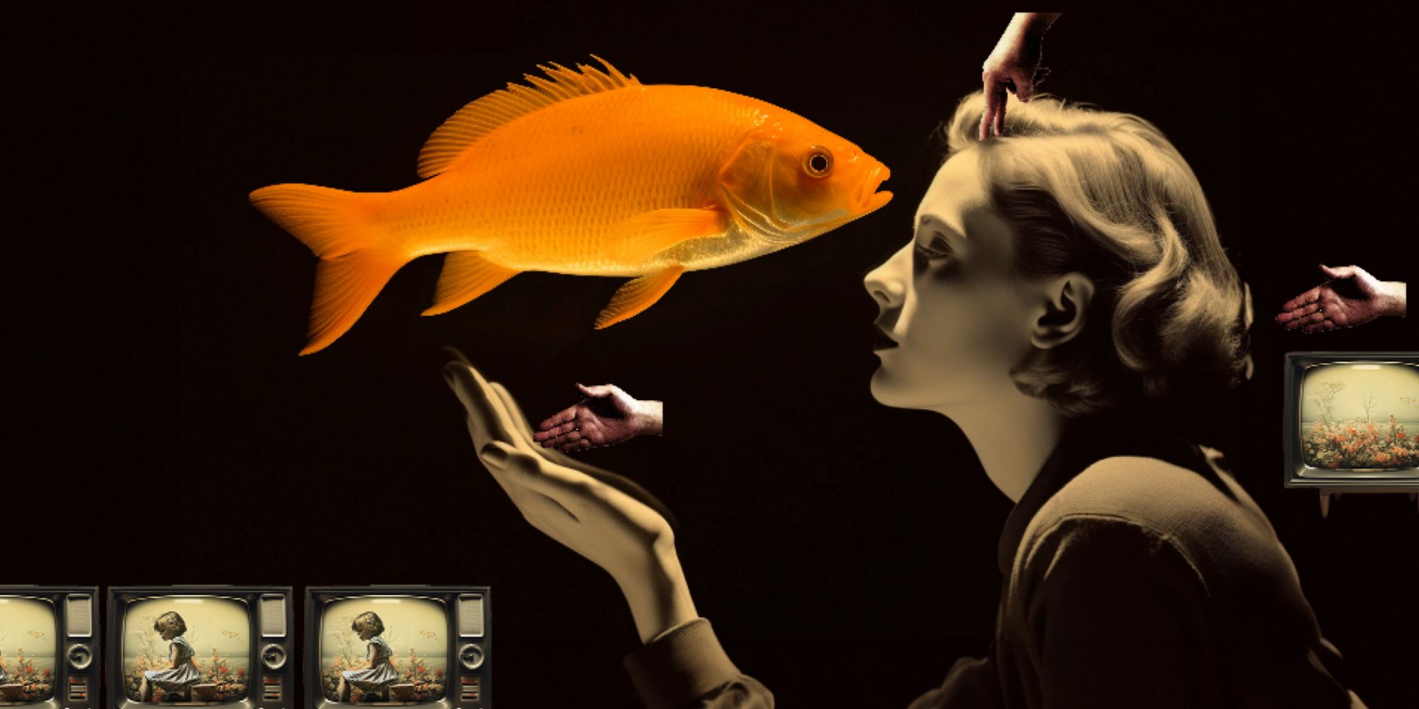 Mãos, uma senhora com um peixinho dourado gigante flutuando pela cabeça, cercada por mãos e TVs