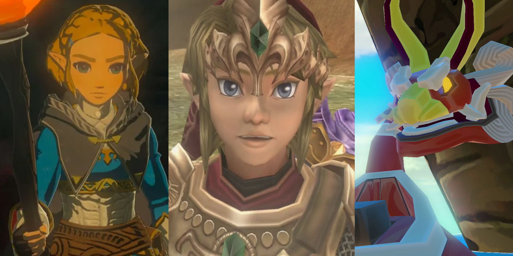 Zelda holding a torch; Link wearing Magic Armor; the King of Red Lions talking