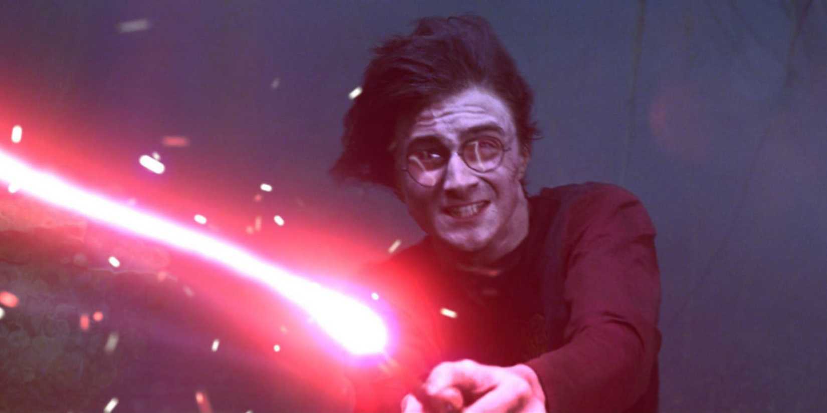 Harry Potter using the Expelliarmus spell in a duel in The Goblet of Fire