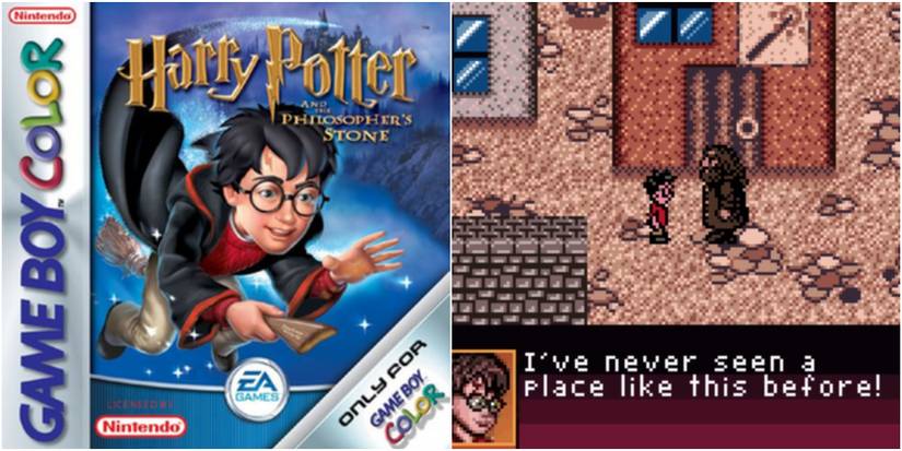 Harry Potter and the Sorcerer's Stone Game Boy Color cover and a screenshot from the game with Harry saying 'I've never seen a place like this before' to Hagrid