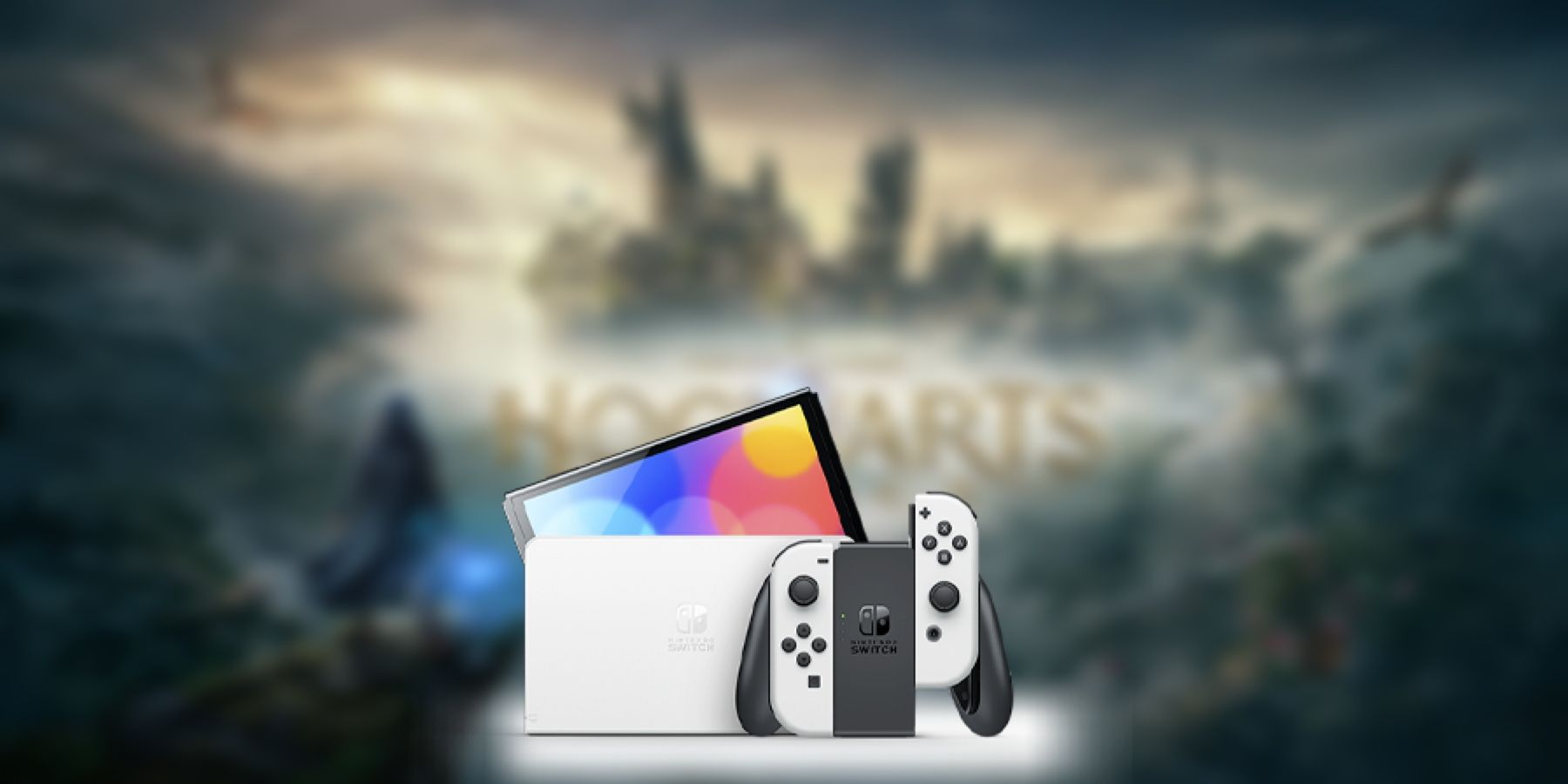 hogwarts legacy keyart with switch oled in front