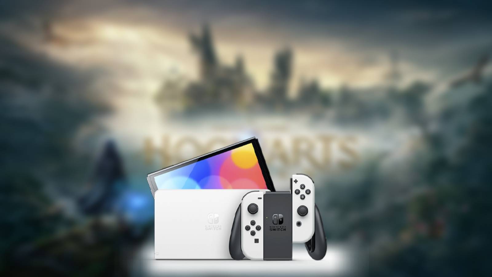 hogwarts legacy keyart with switch oled in front