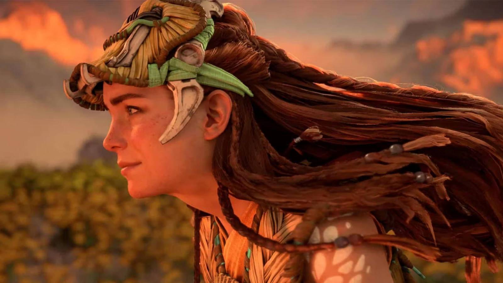 Close up of Aloy wearing Utaru armor in Horizon Forbidden West