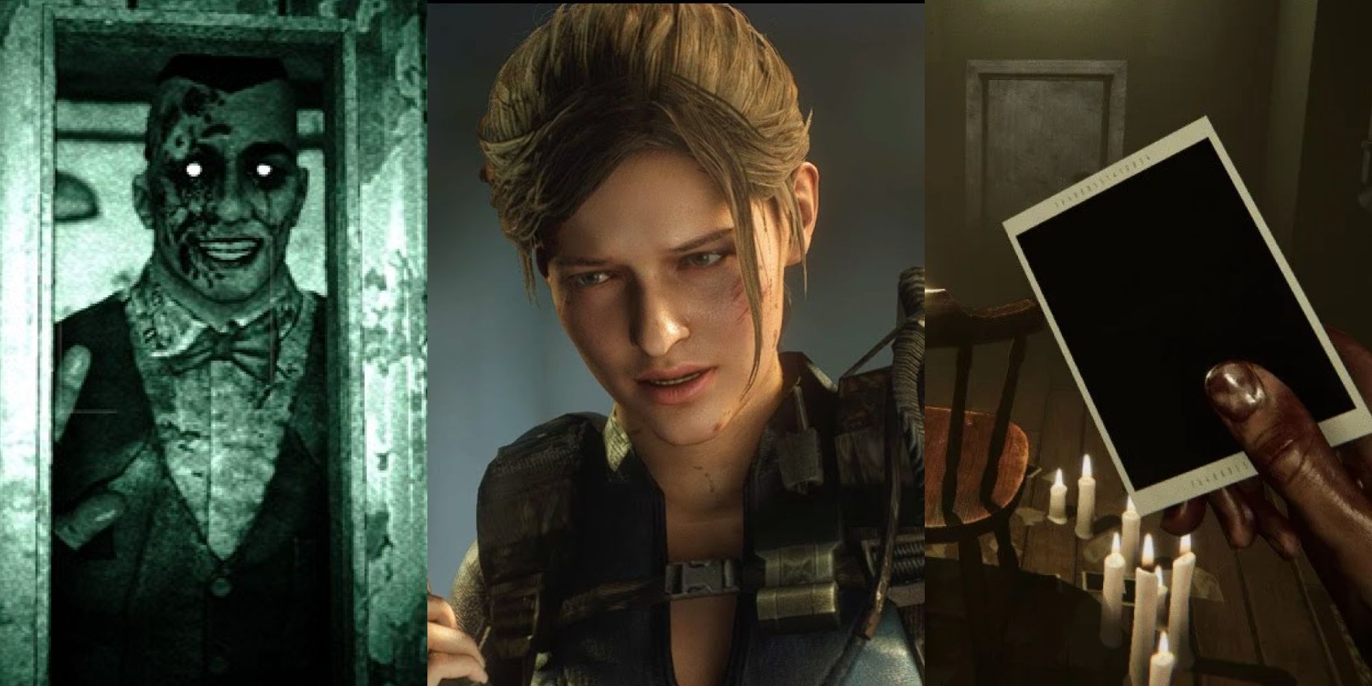 A man in a bowtie in Outlast; Jill Valentine; a hand holding a Polaroid picture