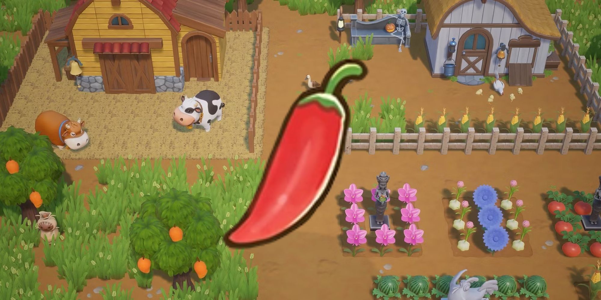 A Hot Pepper in front of a farm background in Coral Island