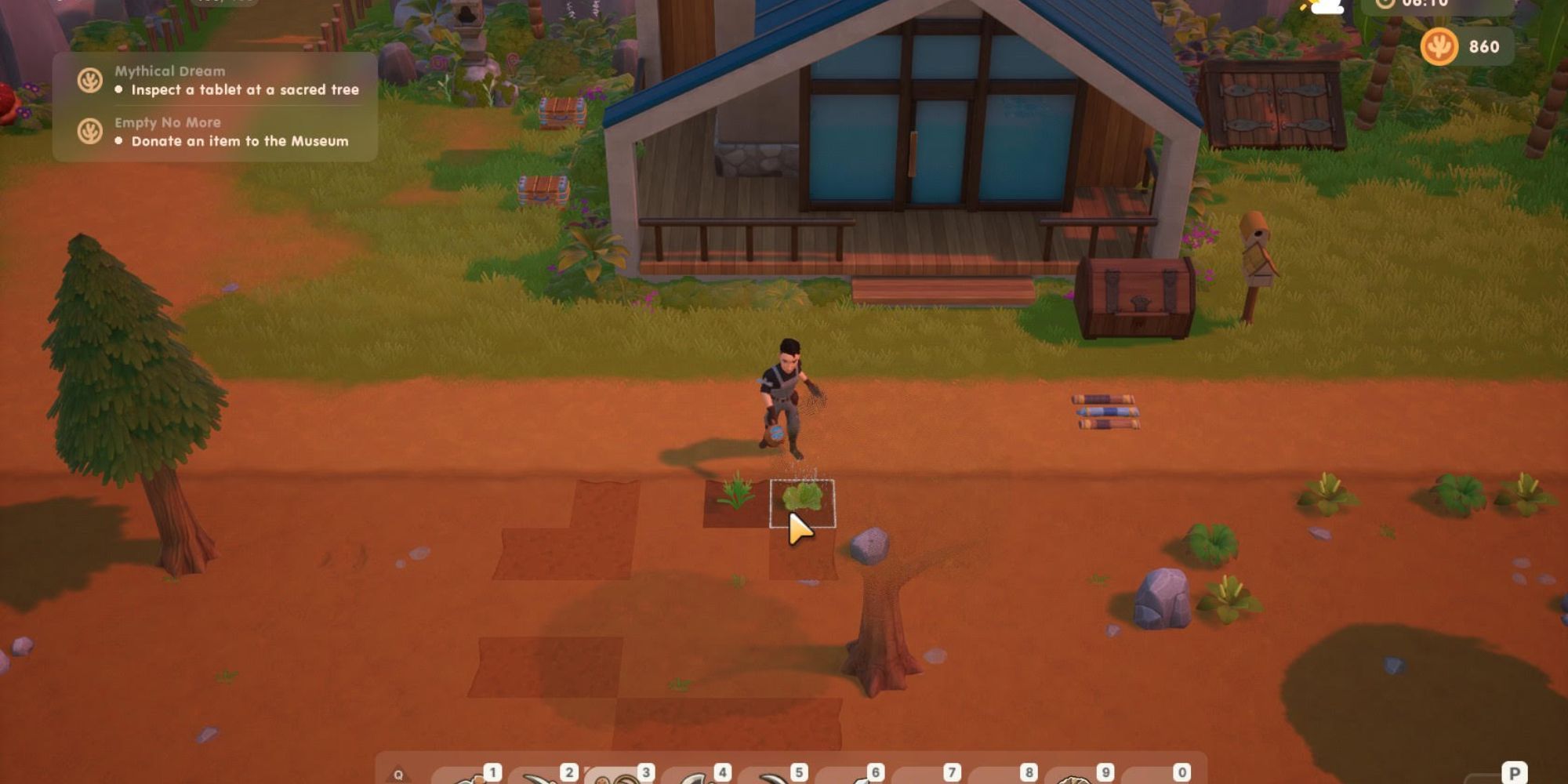 a player watering plants in coral island