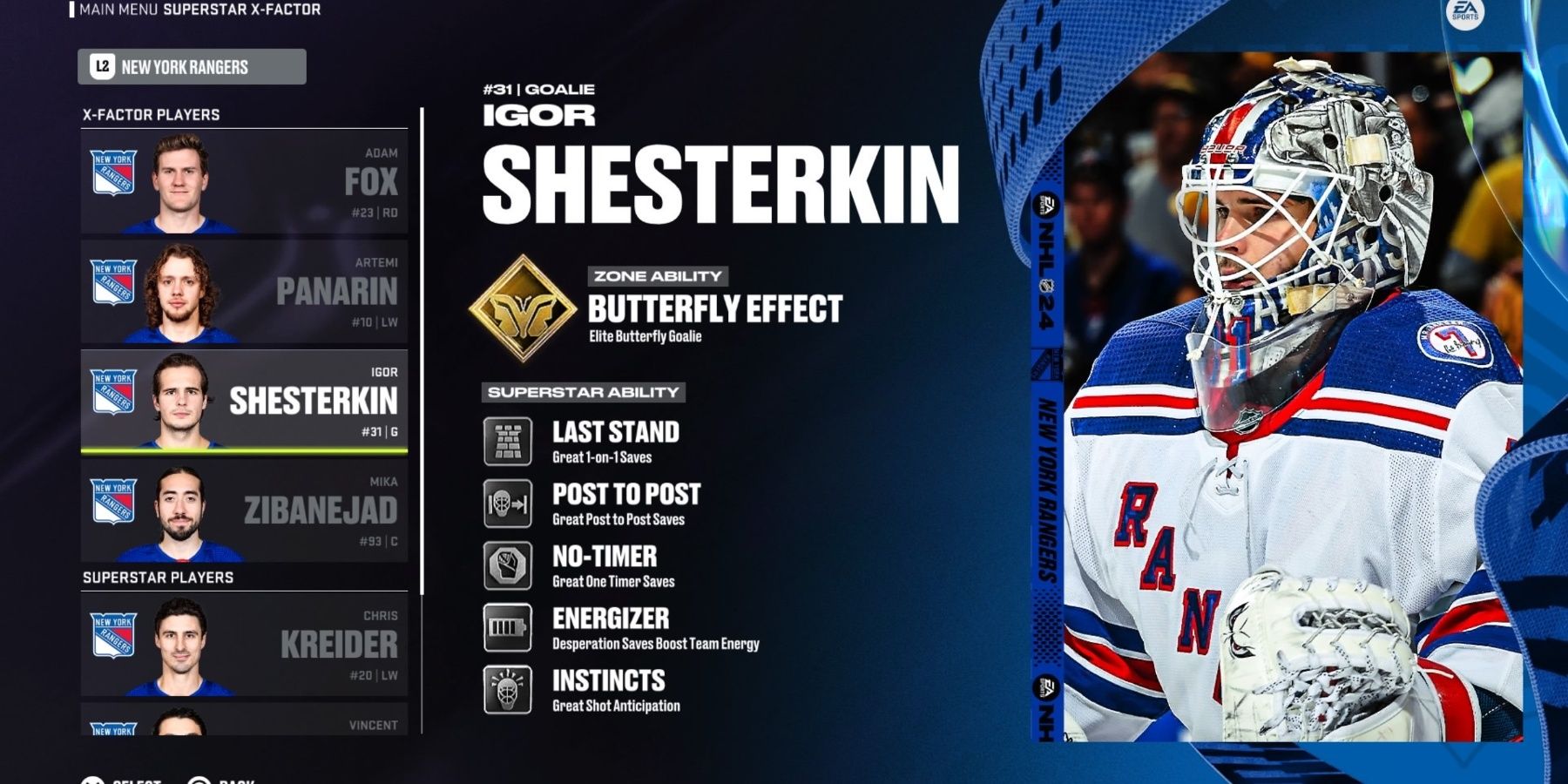 Una pantalla que muestra las habilidades de superestrella de Igor Shesterskin en NHL 24
