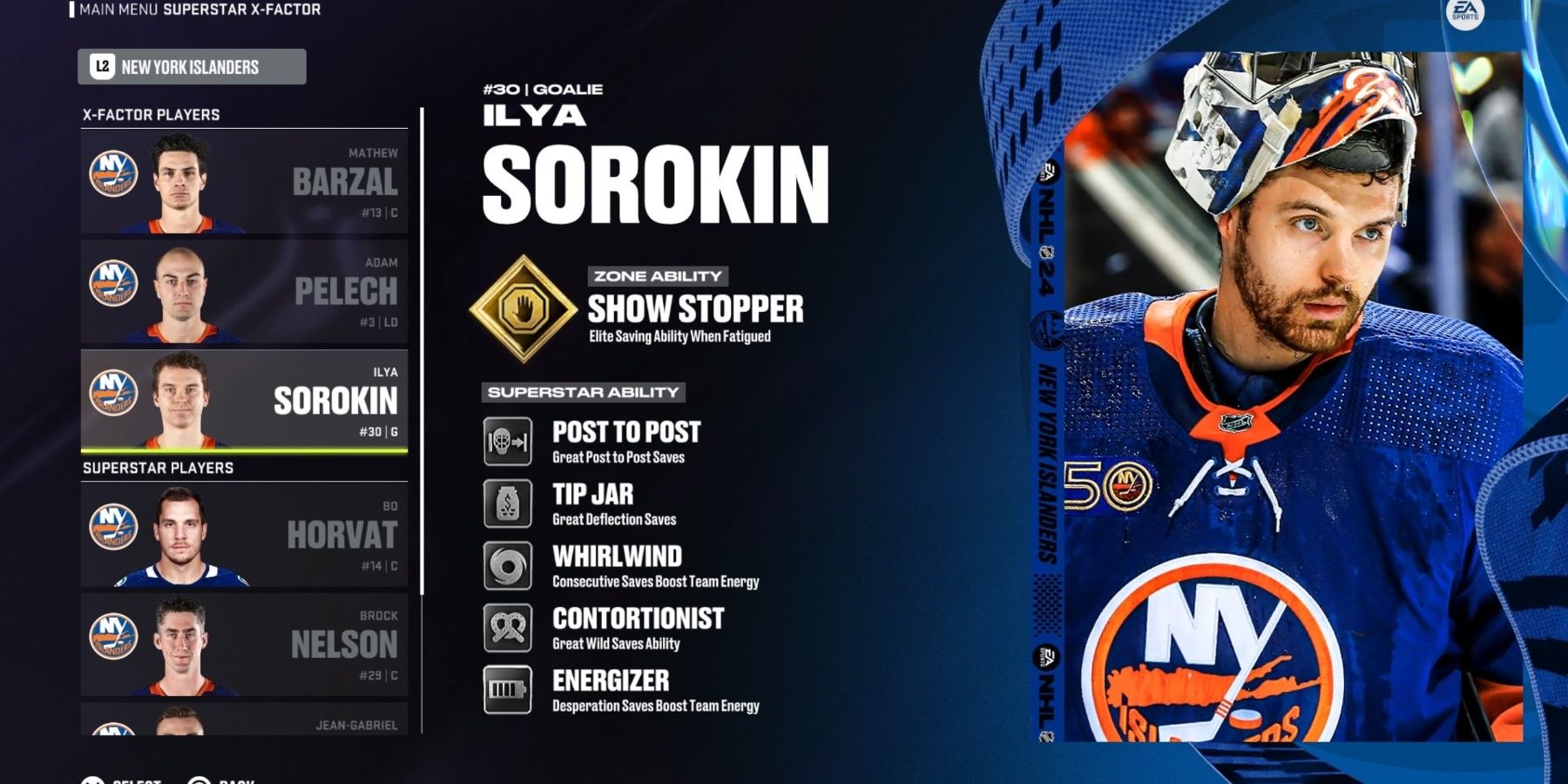 Una pantalla que muestra las habilidades de superestrella de Ilya Sorokin en NHL 24