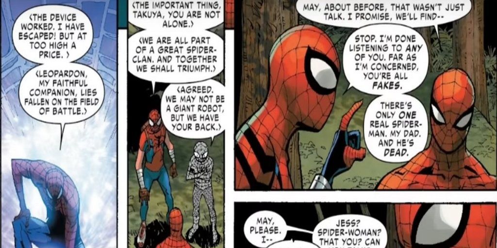 A comic image of spider figures from different worlds having a conversation