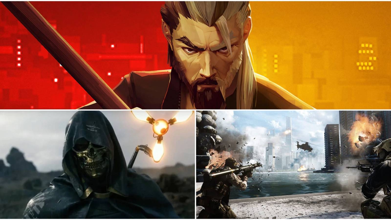 Split image showing Sifu, Death Stranding, and Battlefield 4.