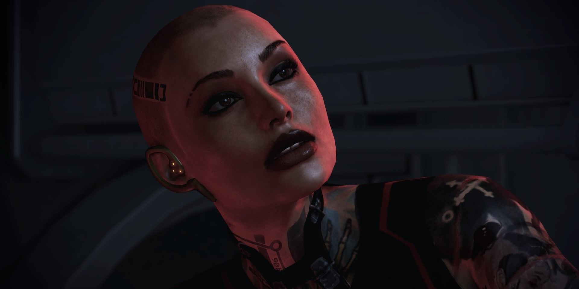 Jack in Mass Effect 2, semi close-up with a neutral expression