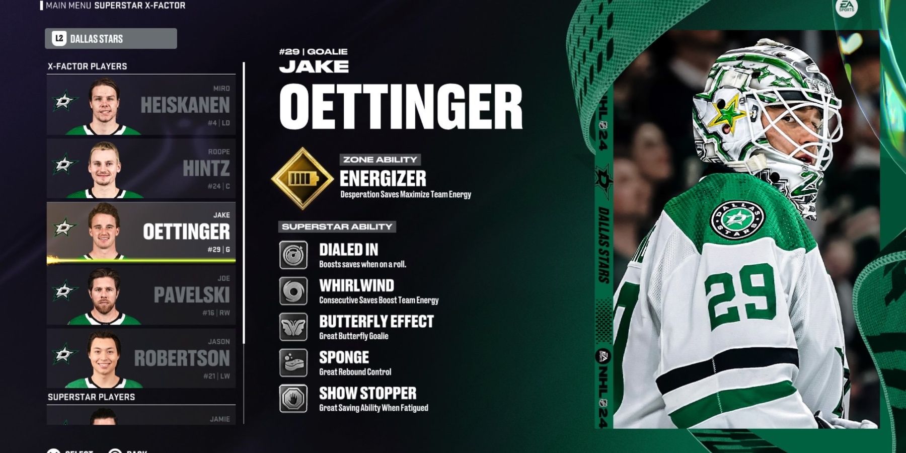 Una pantalla que muestra las habilidades de superestrella de Jake Oettinger en NHL 24